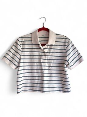 Uniqlo Women's Pink Striped Cropped Polo Shirt Size M